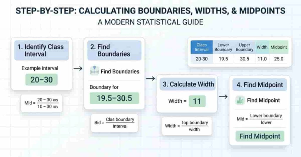 Step-by-step flowchart showing how to calculate boundaries, widths, and midpoints with formulas and table example.