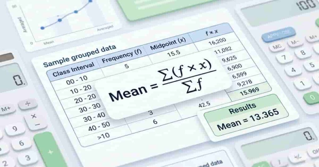 Formula-based visual showing mean calculation using midpoints with grouped data table and final computed result.