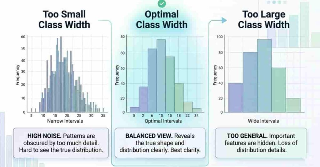 Comparison of histogram width showing too small, optimal, and too large bin sizes