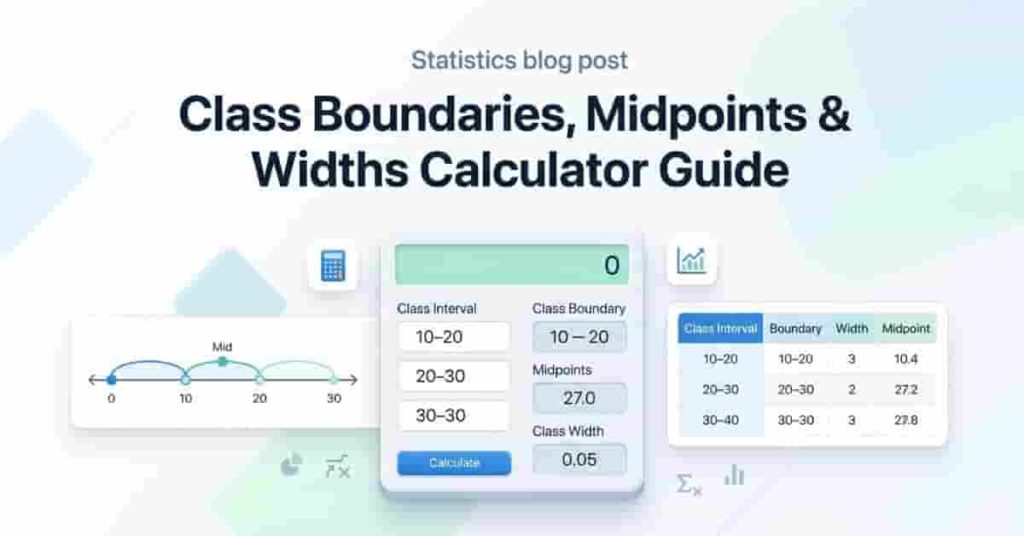 Modern educational hero banner showing calculator, intervals, midpoints, and widths with grouped data visualization for statistics blog