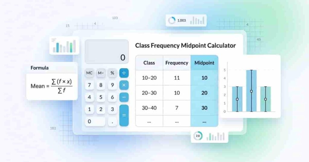 Professional featured image showing frequency midpoint calculator with grouped data table, midpoint highlights, and statistical chart visualization.