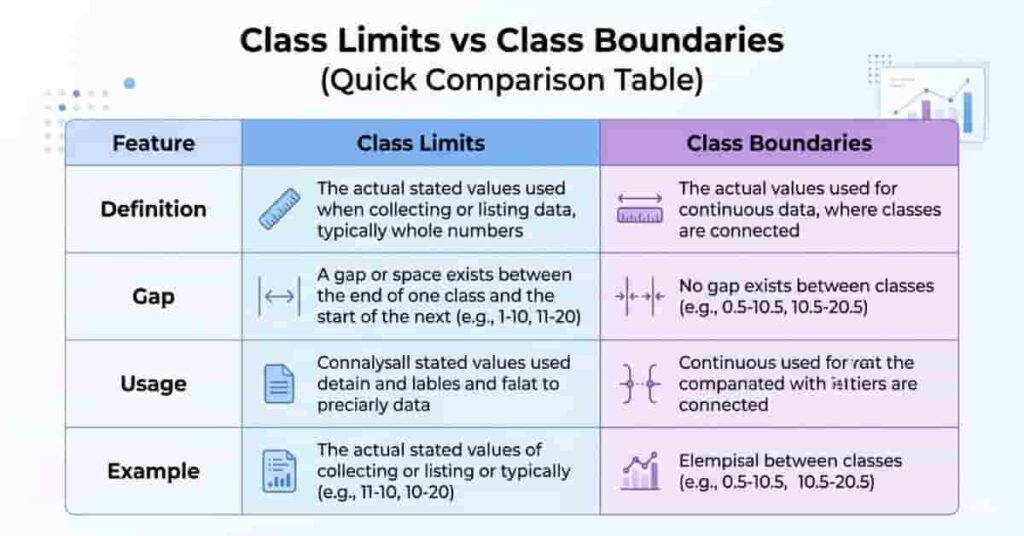 Comparison table showing limits vs boundaries for statistics students, highlighting differences in usage and gaps.