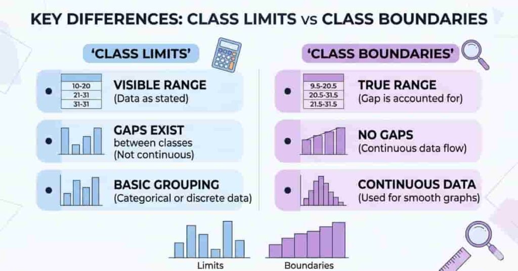 Infographic highlighting key differences between limits and boundaries in statistics.