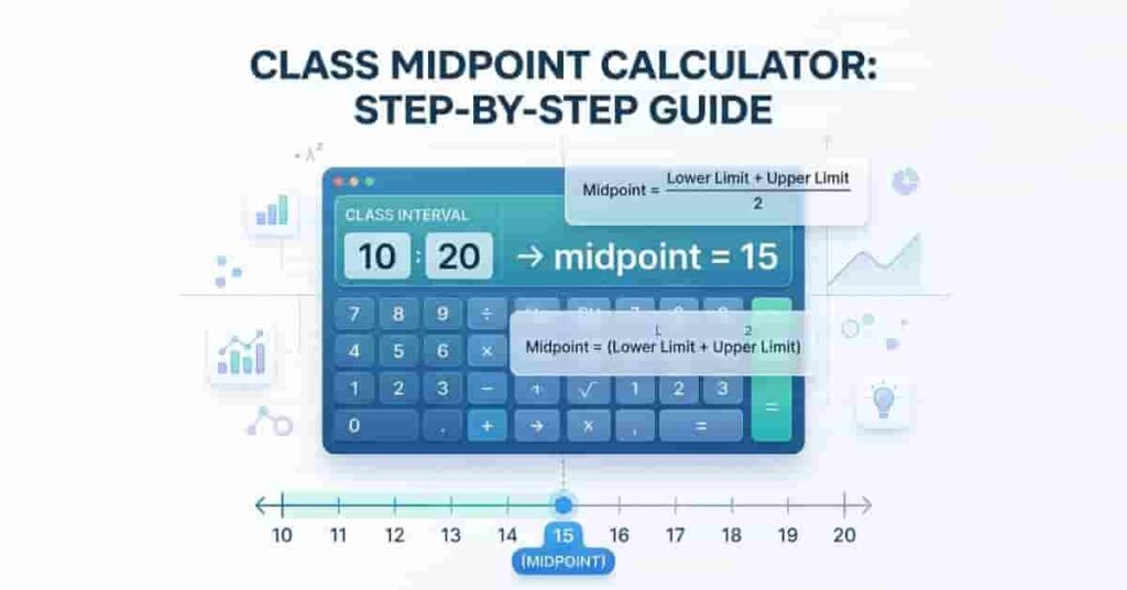 class midpoint calculator hero image showing formula and interval example 10 to 20 midpoint 15 in modern educational design