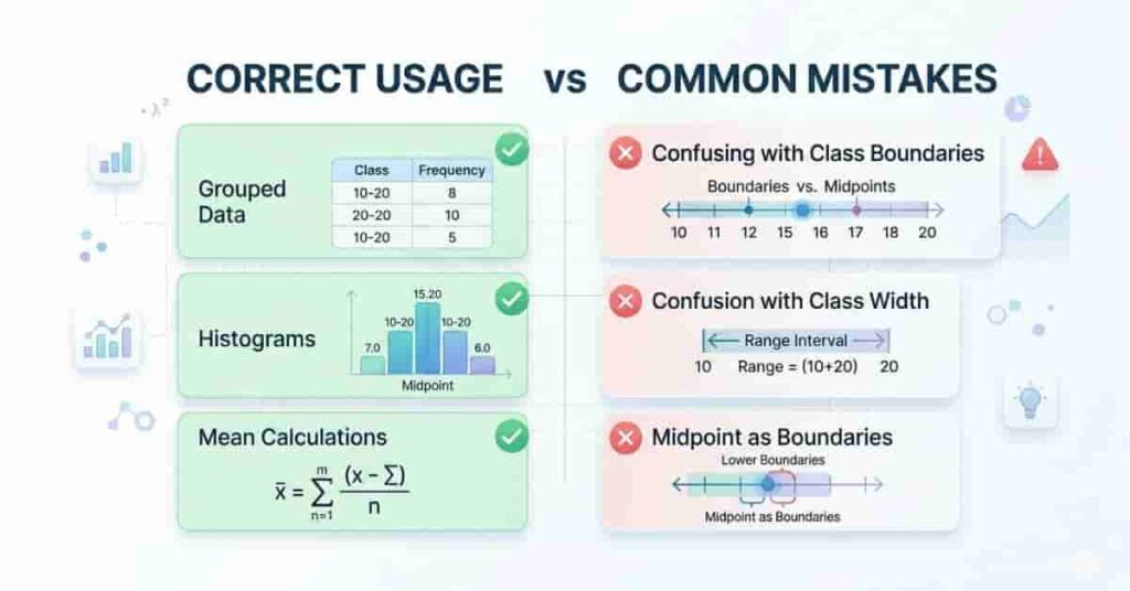 comparison infographic showing correct usage and common mistakes in midpoint calculations