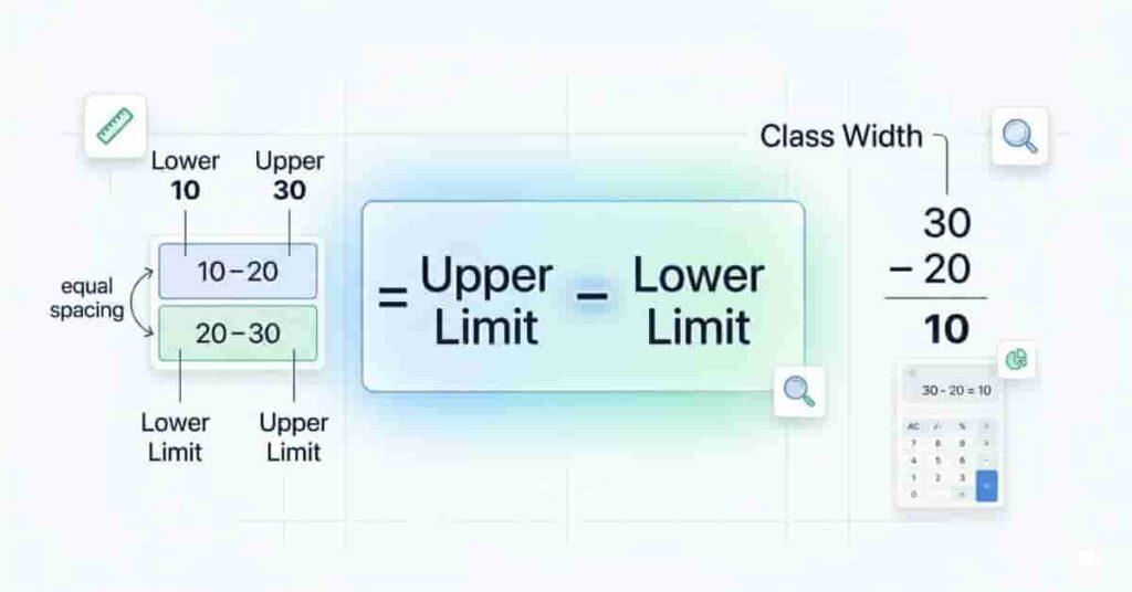Class width formula in statistics showing upper limit minus lower limit with example intervals