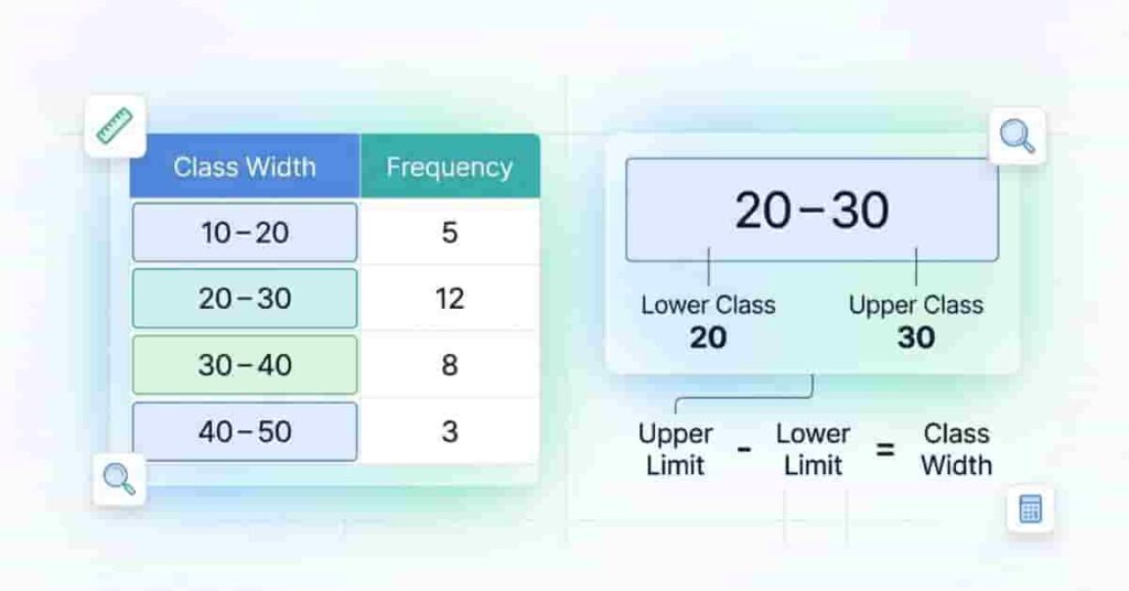 Class width in statistics explained using frequency distribution table with grouped data intervals