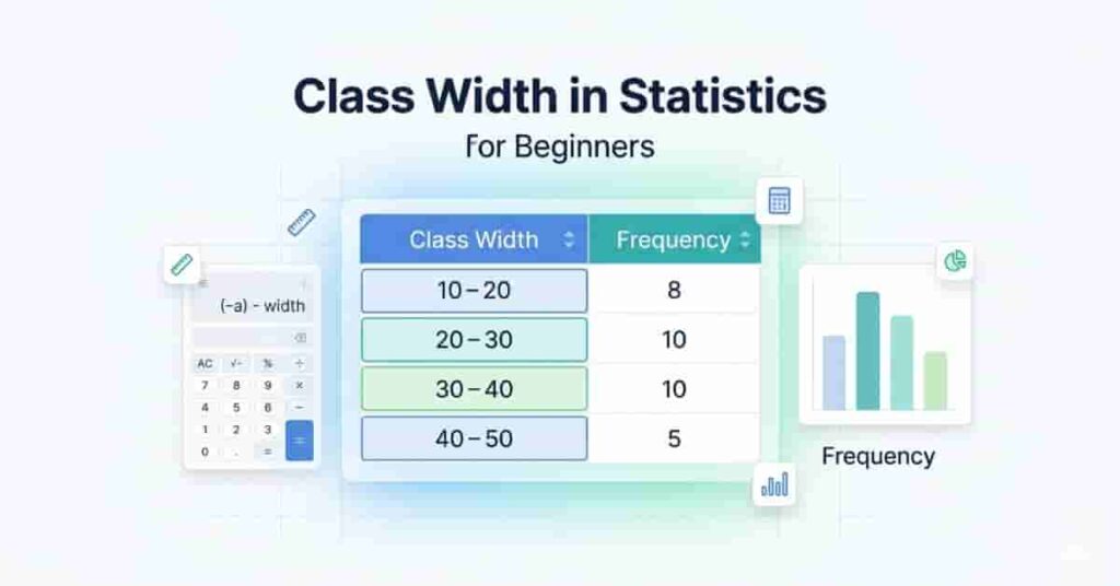 Class width in statistics visual guide showing frequency distribution table, calculator, and bar chart for beginners