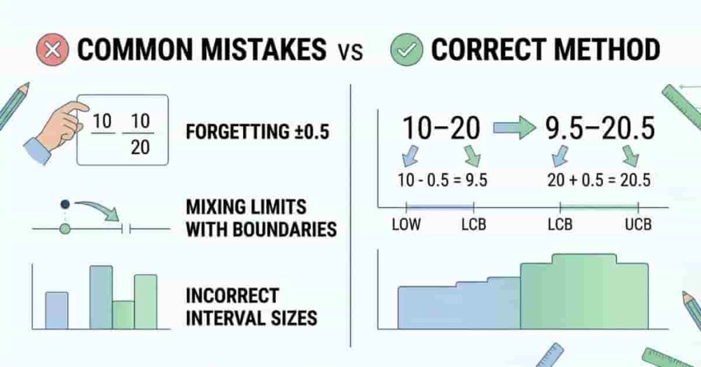 Infographic showing common student mistakes and correct calculation of lower and upper boundaries