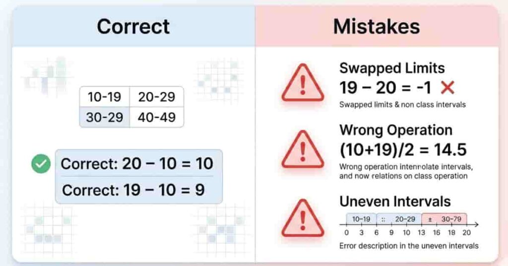 common mistakes in width calculation showing correct vs incorrect examples in statistics