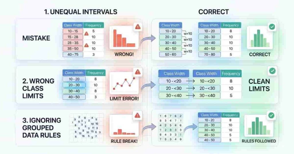 Common mistakes in width and grouped data calculations with correct vs incorrect examples
