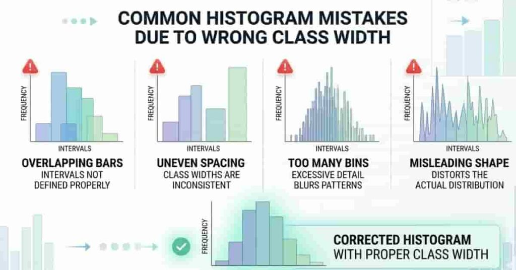 Common histogram mistakes caused by wrong width with correct vs incorrect examples