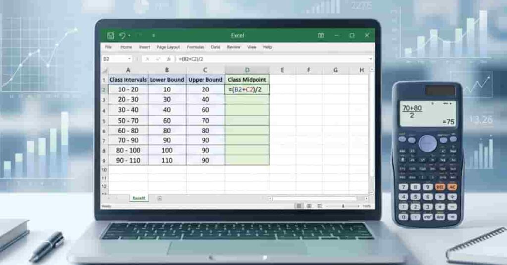 Professional Excel and calculator setup showing midpoint calculation for students