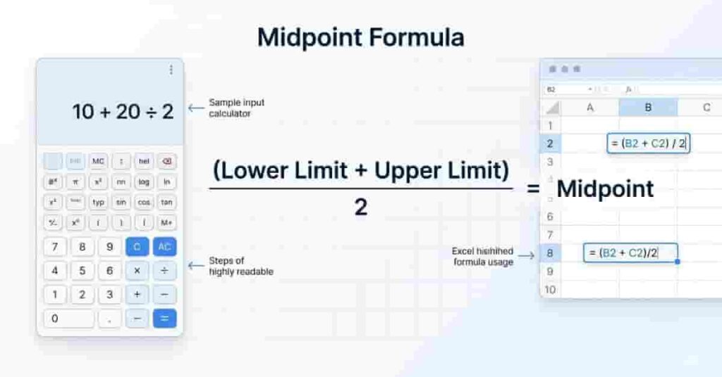 Educational infographic showing midpoint formula with calculator and Excel formula example