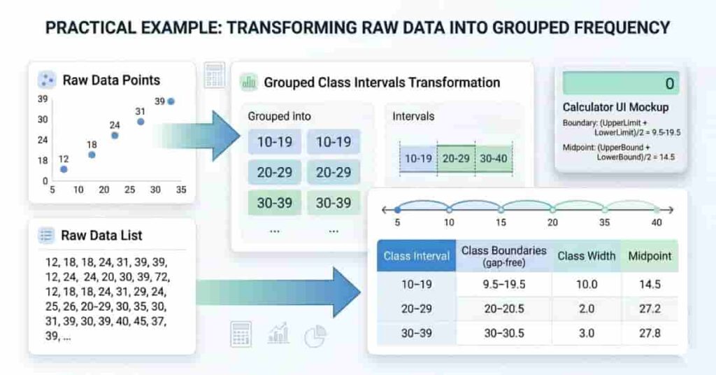 Visual example showing raw data converted into grouped data with boundaries, widths, and midpoints in a structured table.