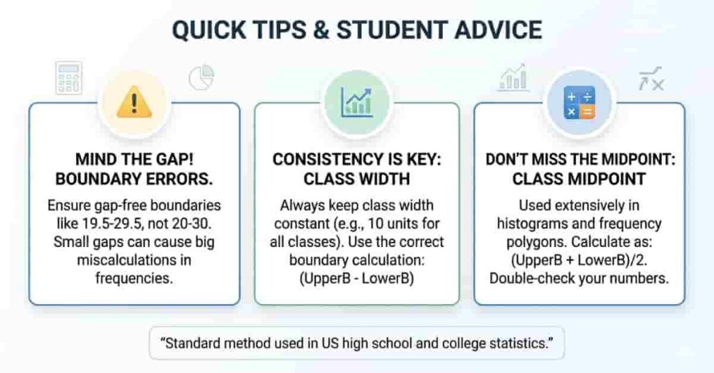 Student tips infographic highlighting key advice for boundaries, widths, and midpoints in statistics learning.
