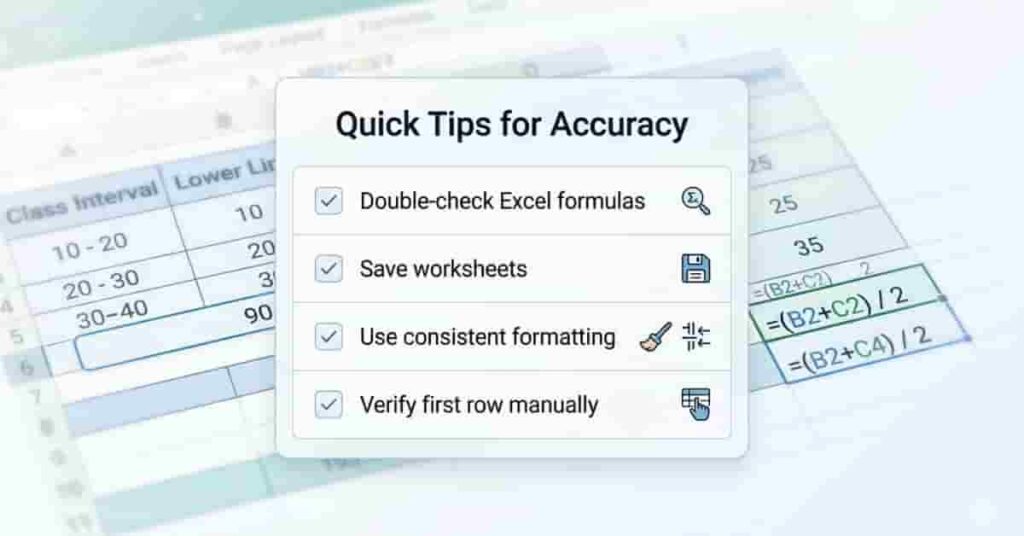 Student checklist infographic with quick tips for accurate Excel midpoint calculations