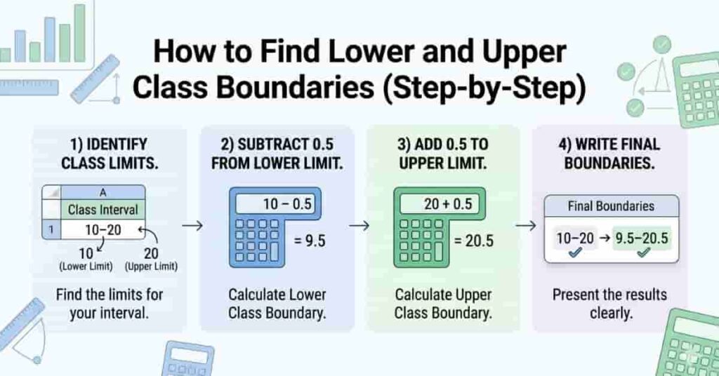 Step-by-step infographic showing how to find lower and upper boundaries for interval 10โ20