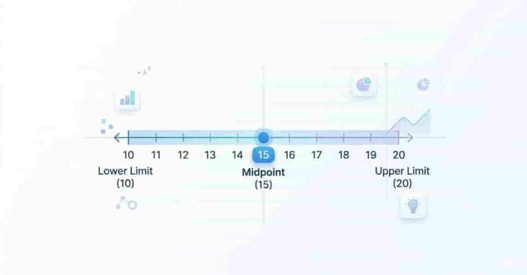class midpoint visual showing number line from 10 to 20 with midpoint 15 highlighted in center
