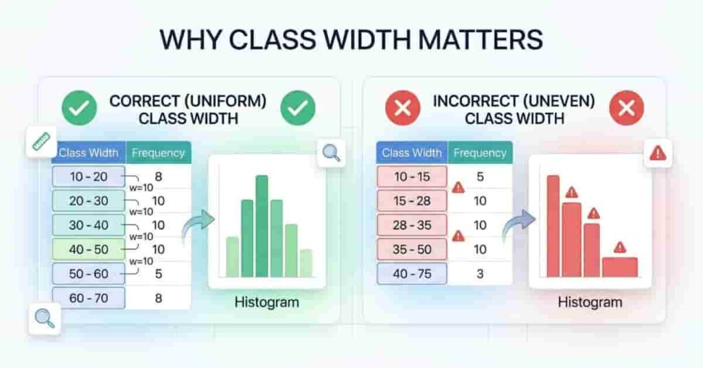 Comparison of correct and incorrect width showing impact on statistical analysis and data interpretation