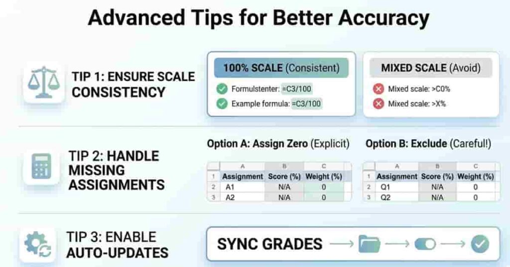 Advanced tips infographic for improving accuracy in weighted grade calculations in Google Sheets