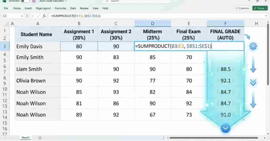 Excel auto-fill showing automatic weighted grade calculation for multiple students
