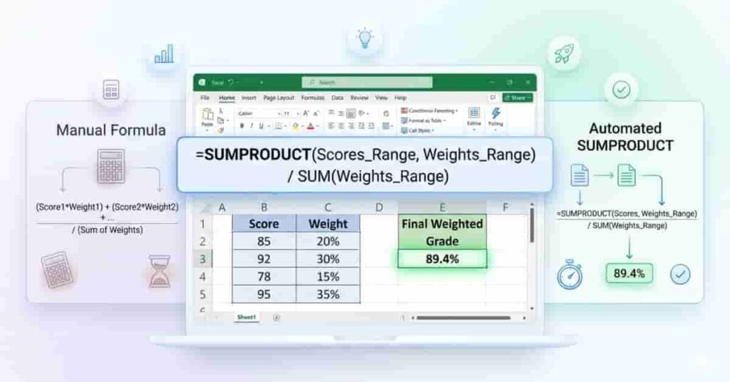 Comparison of manual calculation and SUMPRODUCT formula for weighted average grades in Excel