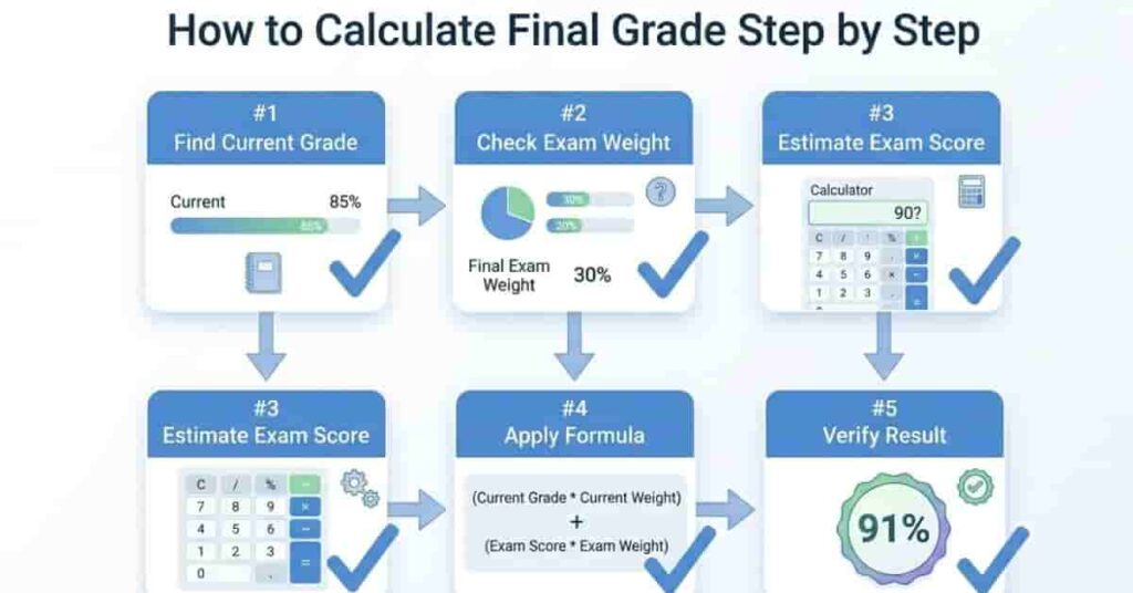 Step by step guide showing how to calculate final grade using a simple structured process