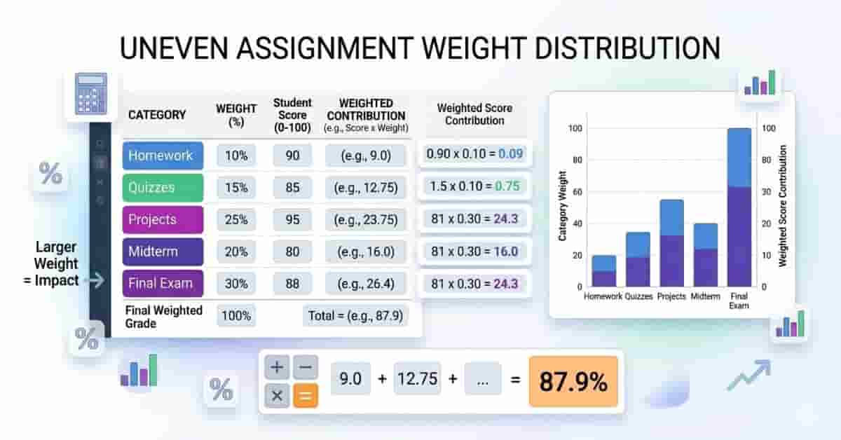 weighted grade calculation with uneven assignment percentages and exam weight comparison