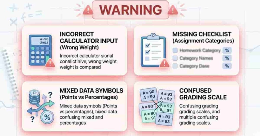 Infographic showing common mistakes students make when calculating final exam scores such as wrong weights and grading scale errors