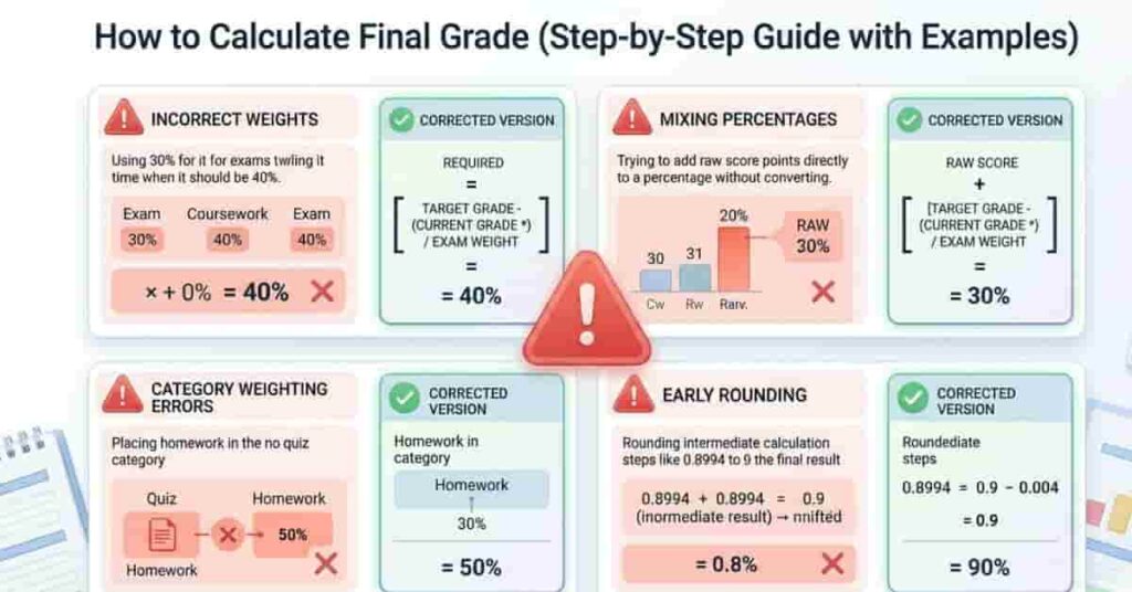 Common mistakes students make when calculating final grades with warning icons