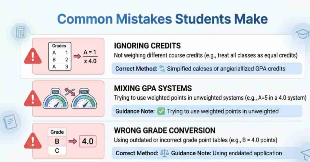 Infographic showing common GPA calculation mistakes such as ignoring credits and mixing GPA systems