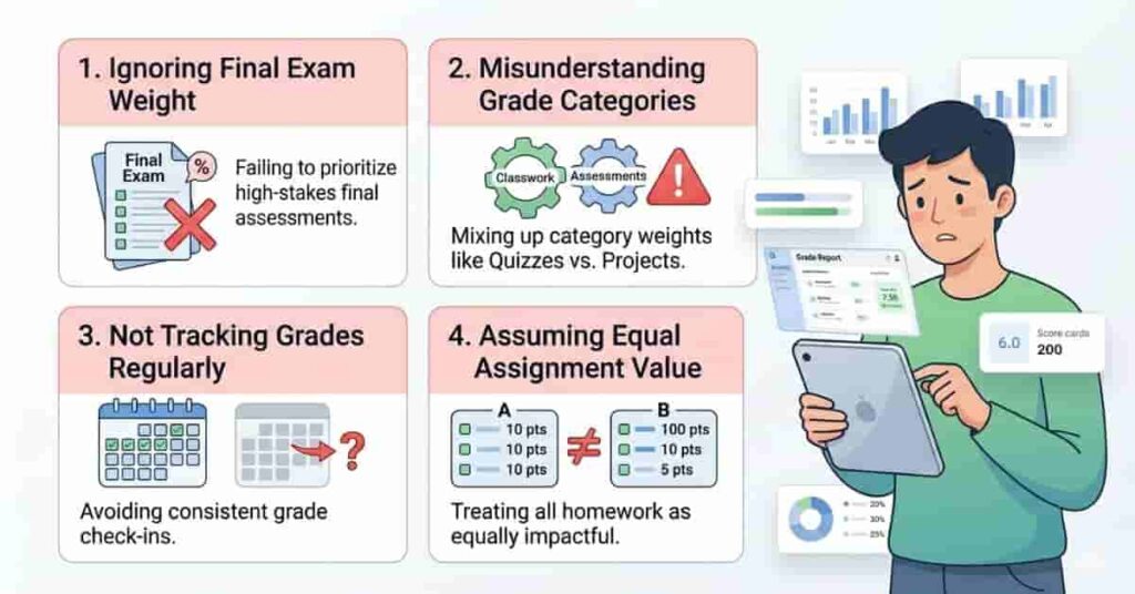 Infographic showing common mistakes students make in weighted grading systems
