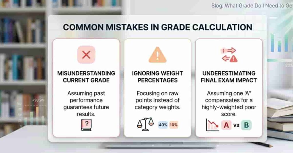Infographic showing common mistakes students make in weighted grade calculations including ignoring weights and misunderstanding final exam impact.