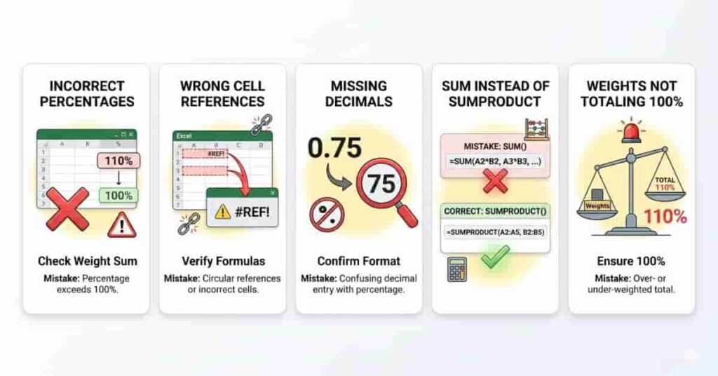 Infographic showing common mistakes in weighted grade calculation in Excel