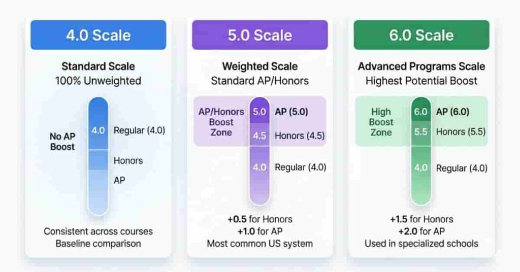 Chart comparing 4.0, 5.0, and 6.0 weighted GPA scales