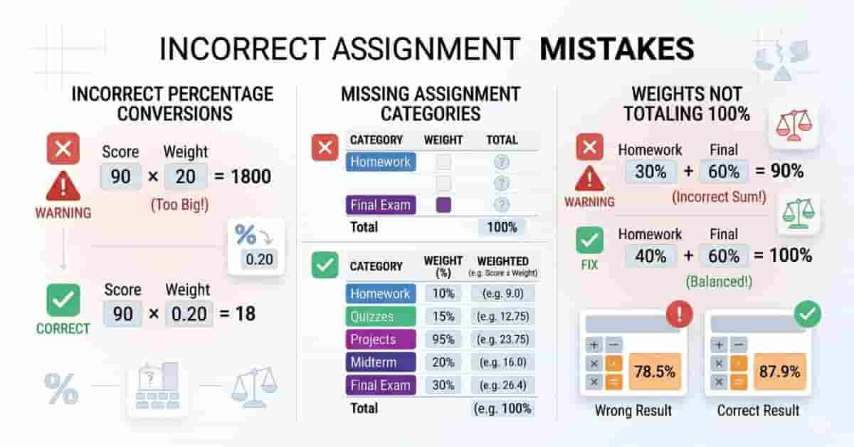 common weighted grade calculation mistakes including incorrect percentages and missing weights