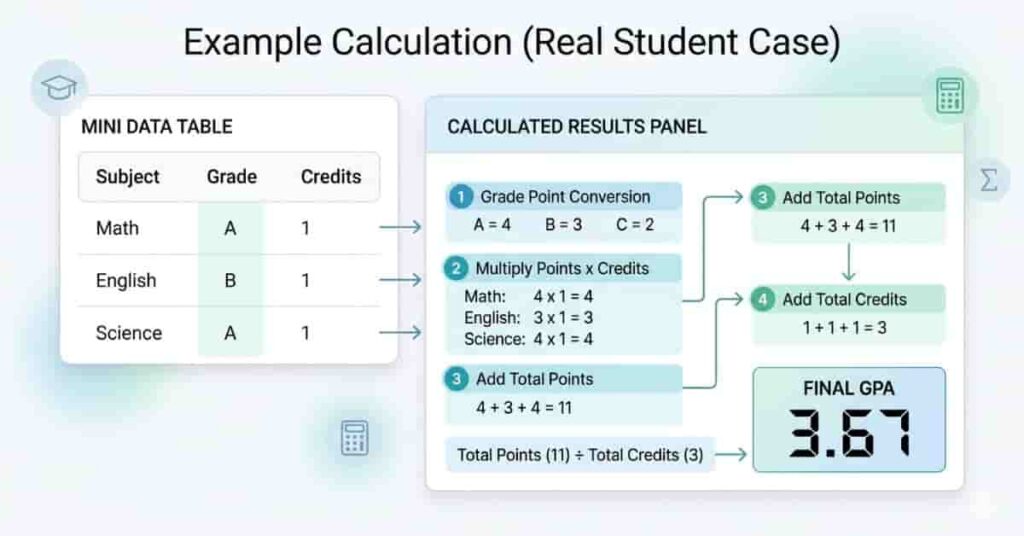 Example GPA calculation showing student grades converted into final GPA result step by step