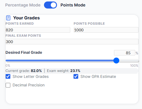 Percentage mode and points mode options in final exam calculator for different grading systems