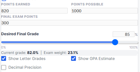 Points earned and points possible input fields in academic grade calculator for final exam calculation