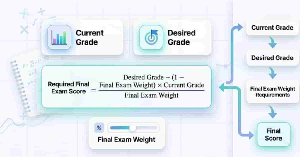 Final exam score formula breakdown showing how current grade, desired grade, and exam weight determine required score