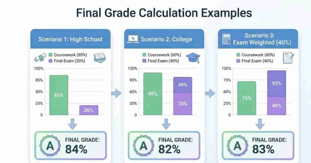 Comparison of final grade calculation examples for different students and grading weights