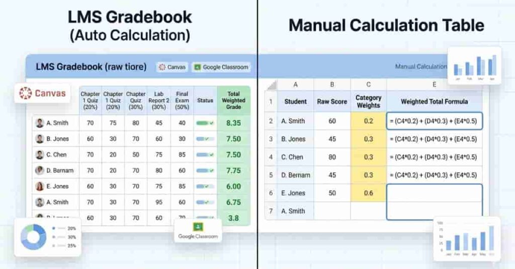 Comparison of LMS gradebook and spreadsheet showing how teachers calculate weighted grades
