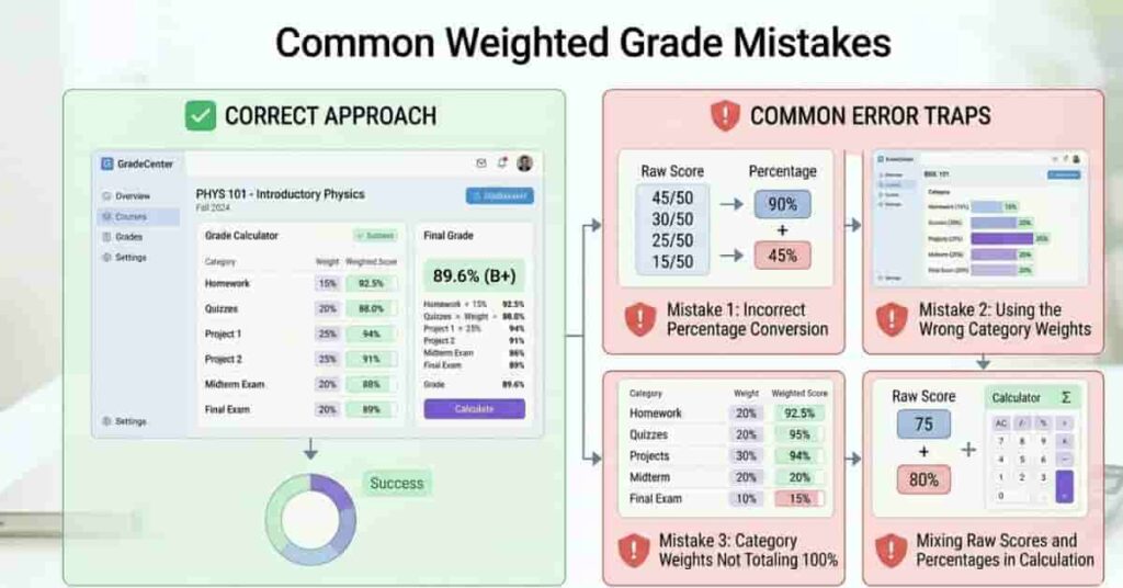 Step-by-step final grade calculation process using percentages and weighted system