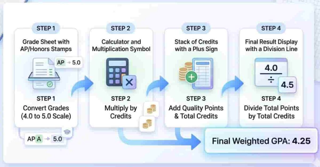 Step-by-step flowchart for calculating weighted GPA using grades and credits