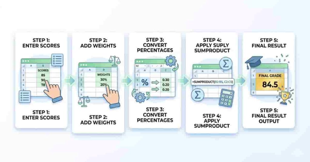Step-by-step infographic showing how to calculate weighted grades in Excel process flow
