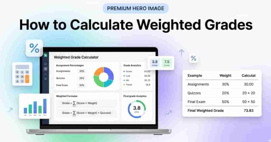 professional weighted grade calculator dashboard with assignment percentages and final grade charts
