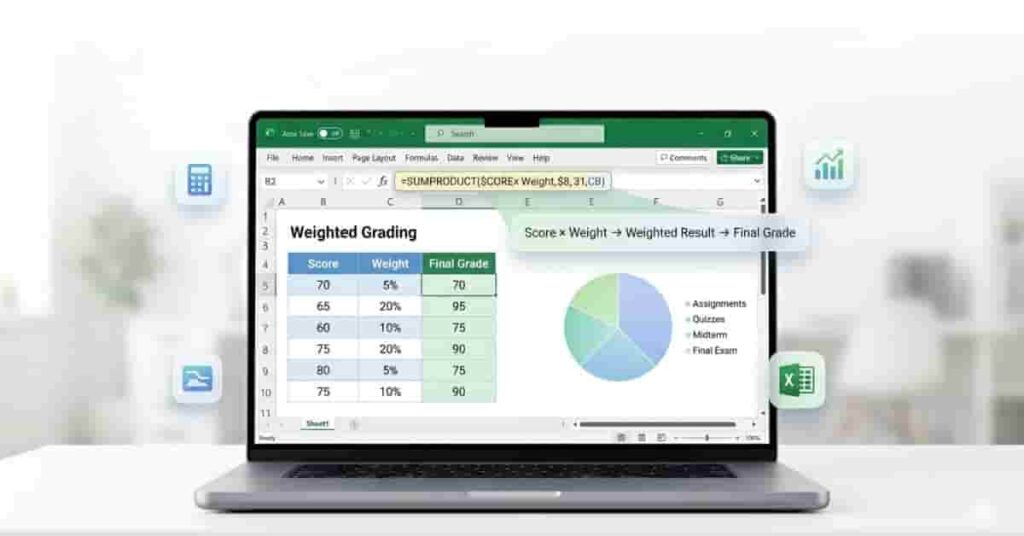Excel weighted grade calculation dashboard showing SUMPRODUCT formula, score table, and grade distribution chart in a modern educational interface