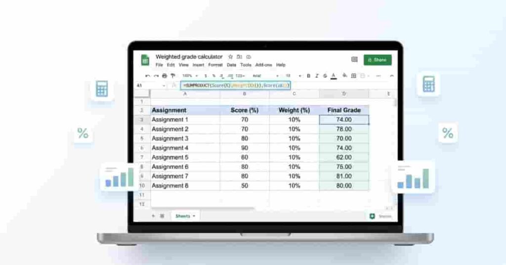 Professional Google Sheets weighted grade calculator displayed on laptop showing formula-based academic grading system