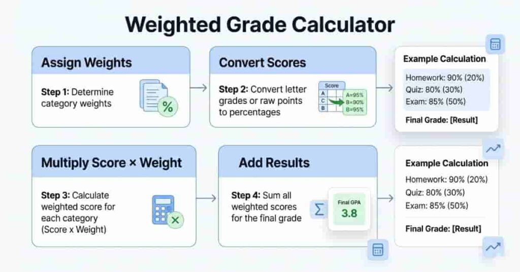 Step-by-step flowchart showing how weighted grades are calculated using scores and weights